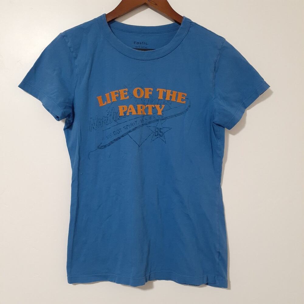 Fossil Women's T-Shirt Blue L Cotton Graphic Tee Life of the Party Top Crew Neck